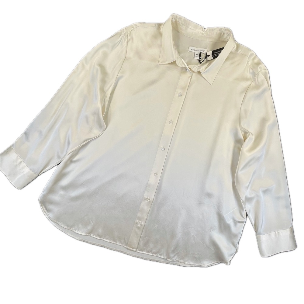 Banana Republic Silk Button Down Shirt XXL Ivory Cream Long Sleeve Blouse Y2K